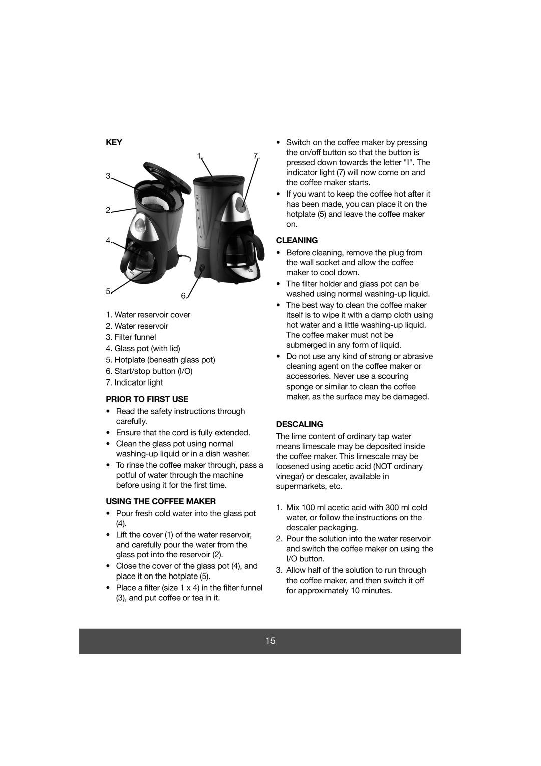 Butler 645-061 manual Key, Prior to First USE, Using the Coffee Maker, Cleaning, Descaling 