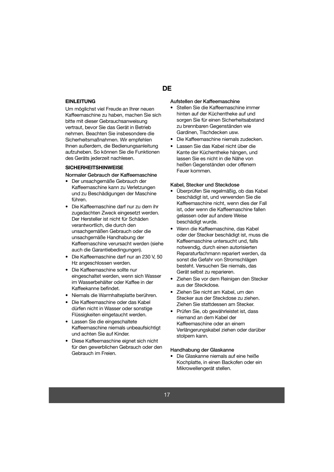 Butler 645-061 manual Einleitung, Sicherheitshinweise, Normaler Gebrauch der Kaffeemaschine 