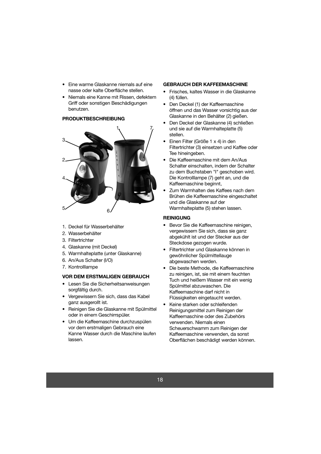 Butler 645-061 manual Gebrauch DER Kaffeemaschine, Produktbeschreibung, Reinigung, VOR DEM Erstmaligen Gebrauch 