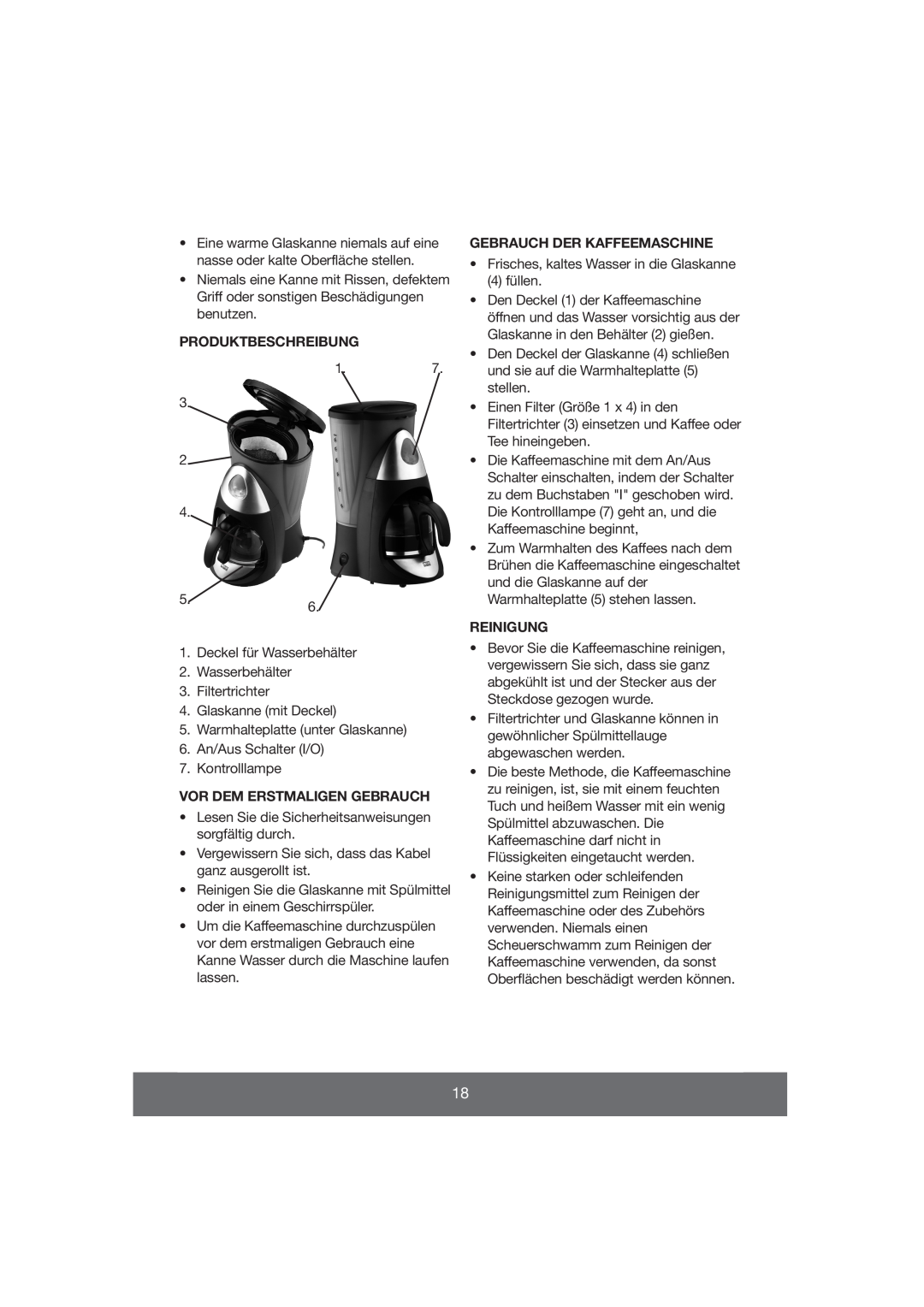 Butler 645-061 manual Gebrauch Der Kaffeemaschine, Produktbeschreibung, Reinigung, Vor Dem Erstmaligen Gebrauch 