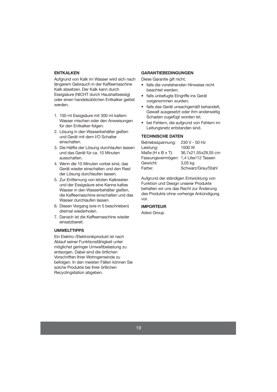 Butler 645-061 manual Entkalken, Umwelttipps, Garantiebedingungen, Technische Daten, Importeur 