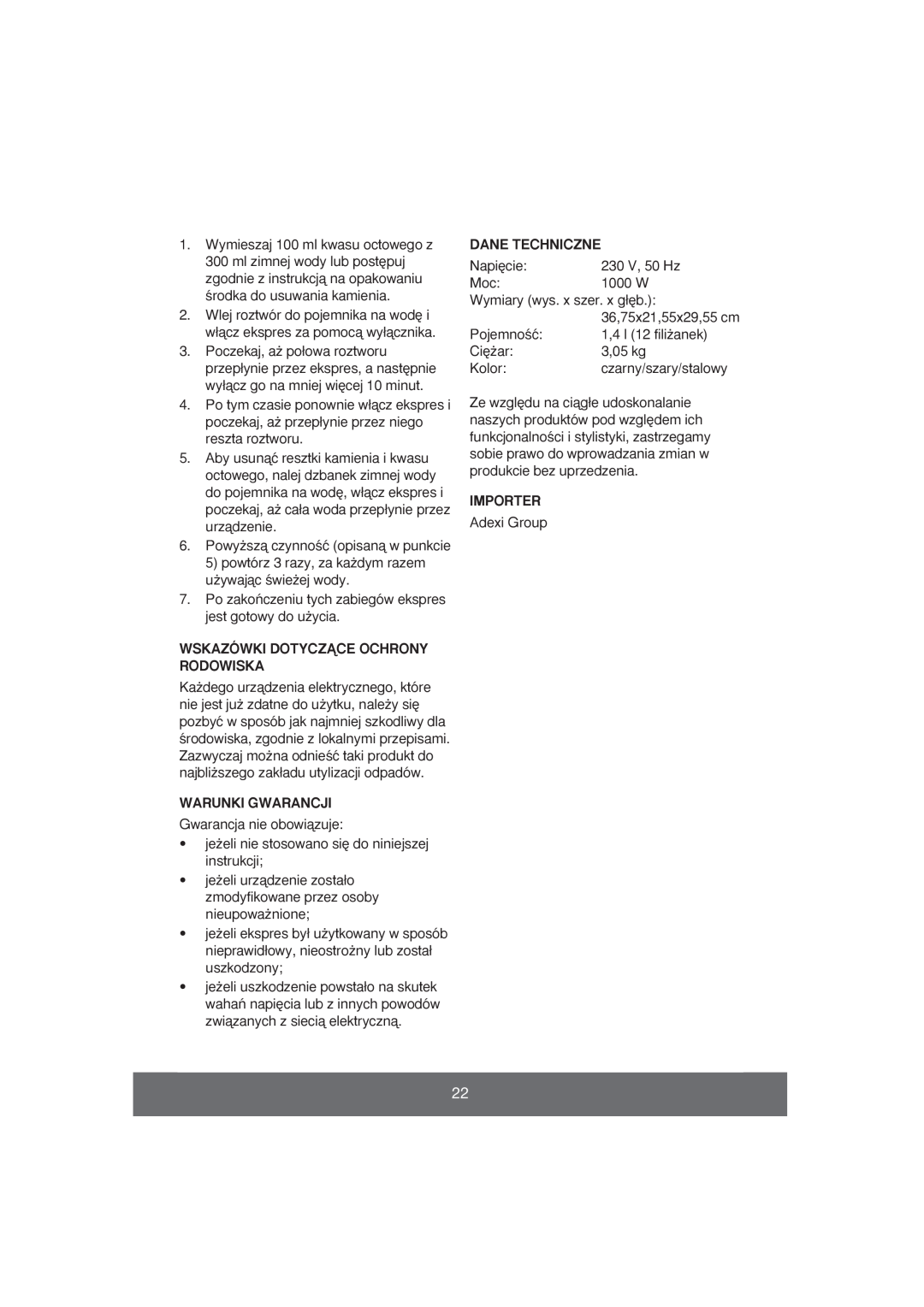 Butler 645-061 manual Wskazówki Dotyczñce Ochrony Rodowiska, Warunki Gwarancji, Dane Techniczne, Importer 