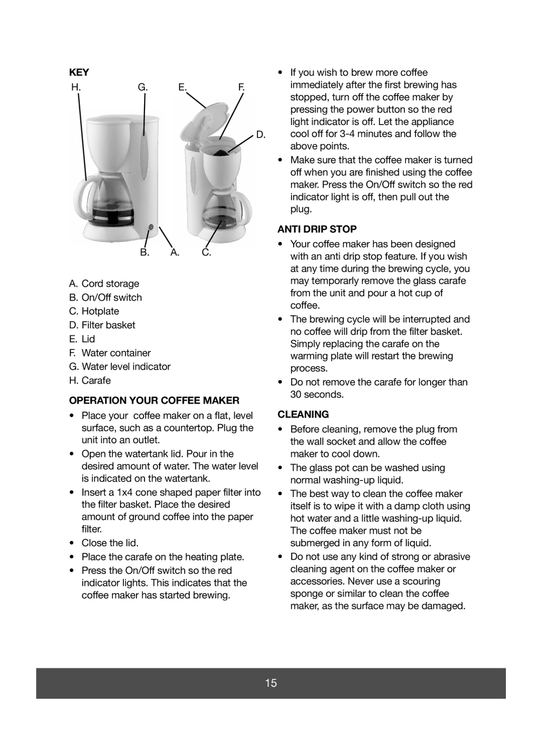 Butler 645-069, 645-067 manual Key, Anti Drip Stop, Operation Your Coffee Maker, Cleaning 