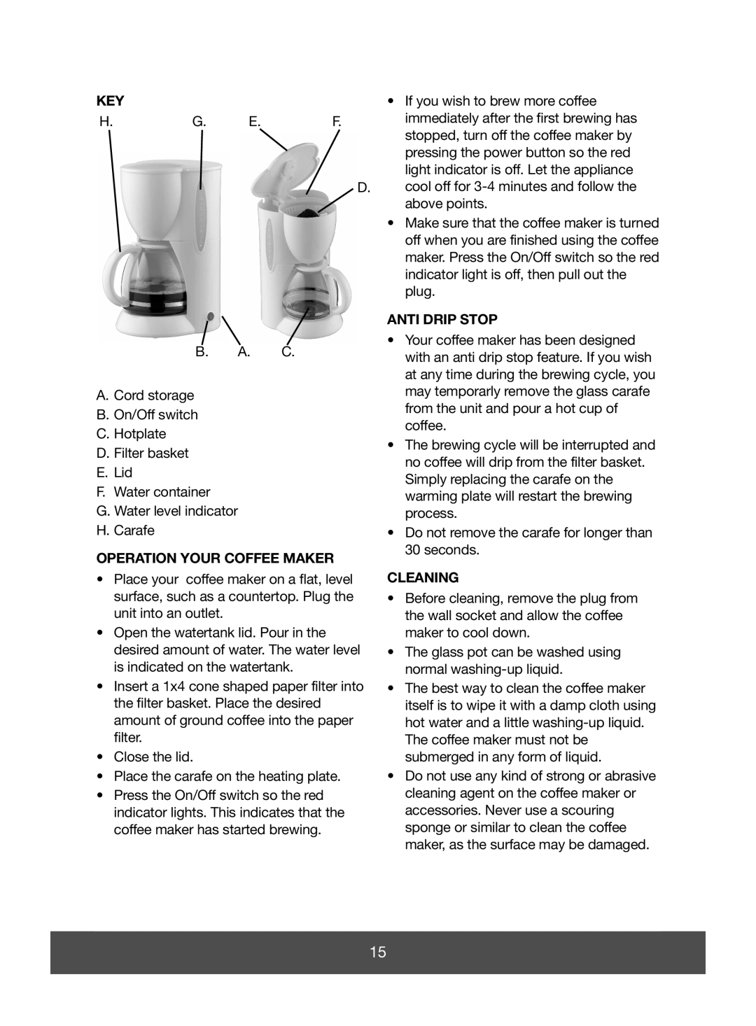 Butler 645-069, 645-067 manual Anti Drip Stop, Operation Your Coffee Maker, Cleaning 