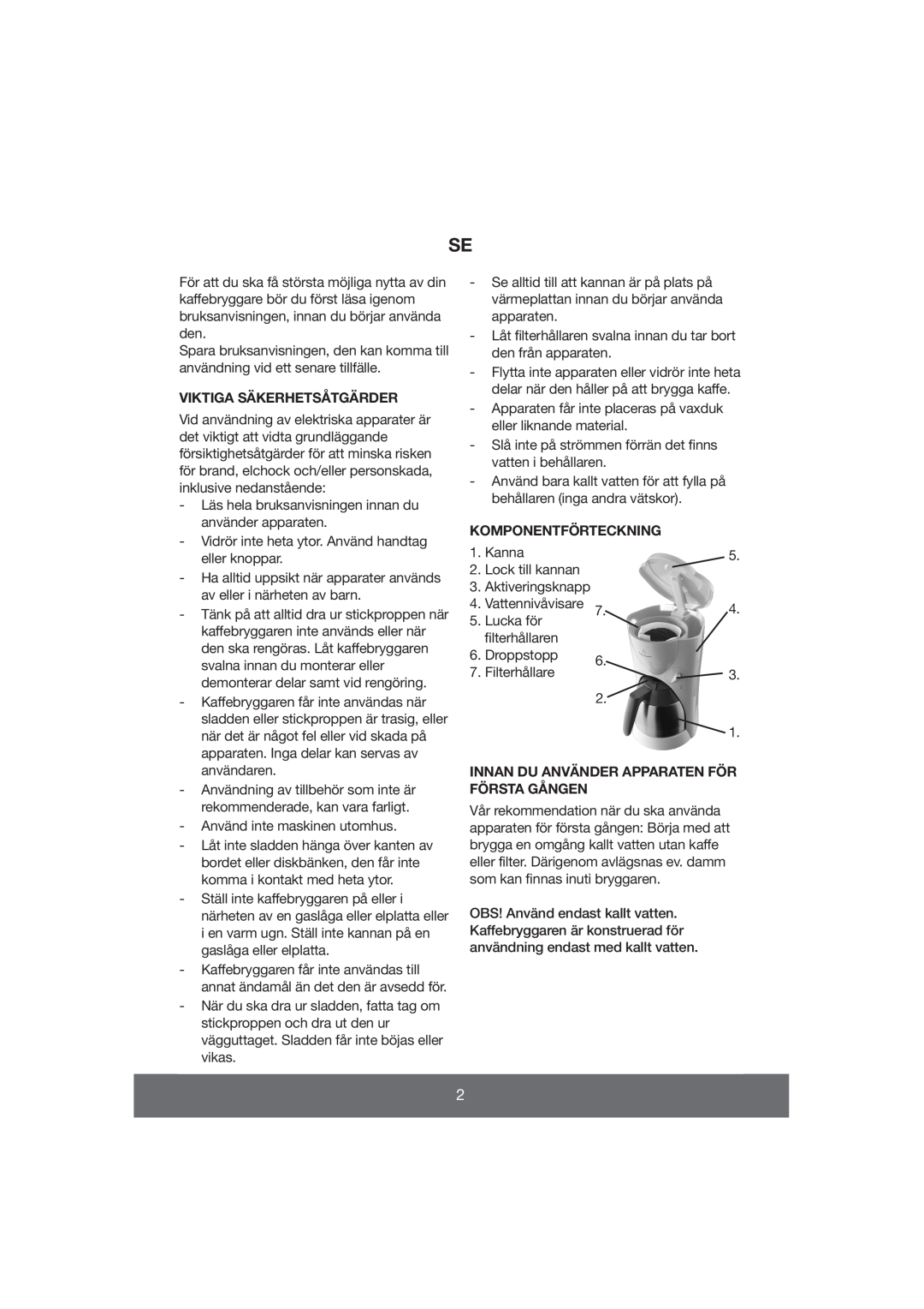 Butler 645-071 manual Viktiga Säkerhetsåtgärder, Komponentförteckning, Innan Du Använder Apparaten För Första Gången 