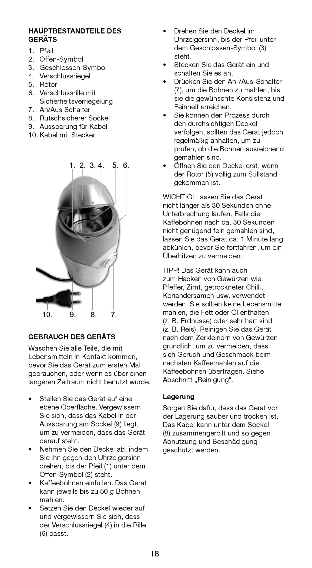 Butler 645-141 manual Hauptbestandteile DES Geräts, Gebrauch DES Geräts, Lagerung 