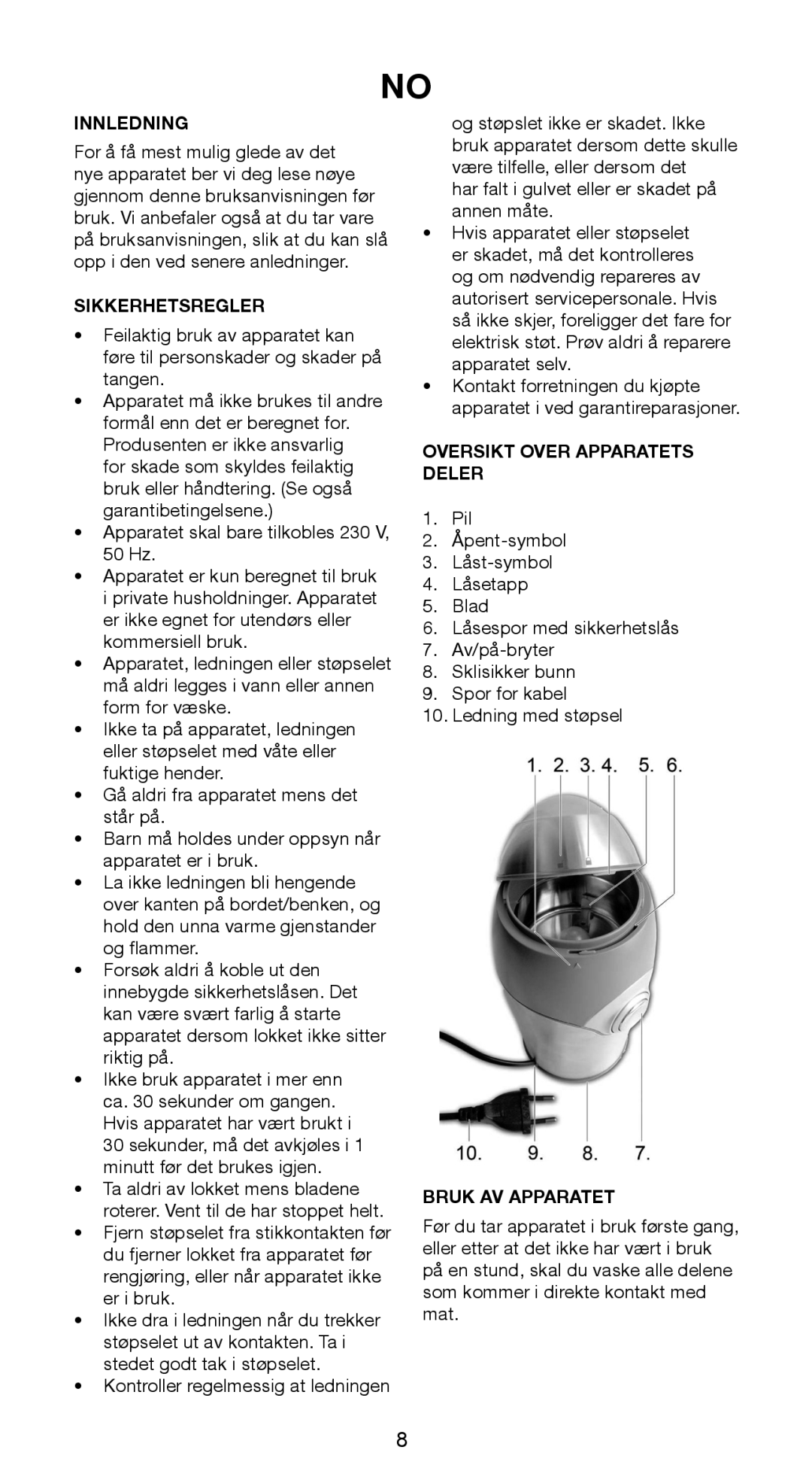 Butler 645-141 manual Innledning, Sikkerhetsregler, Oversikt Over Apparatets Deler, Bruk AV Apparatet 