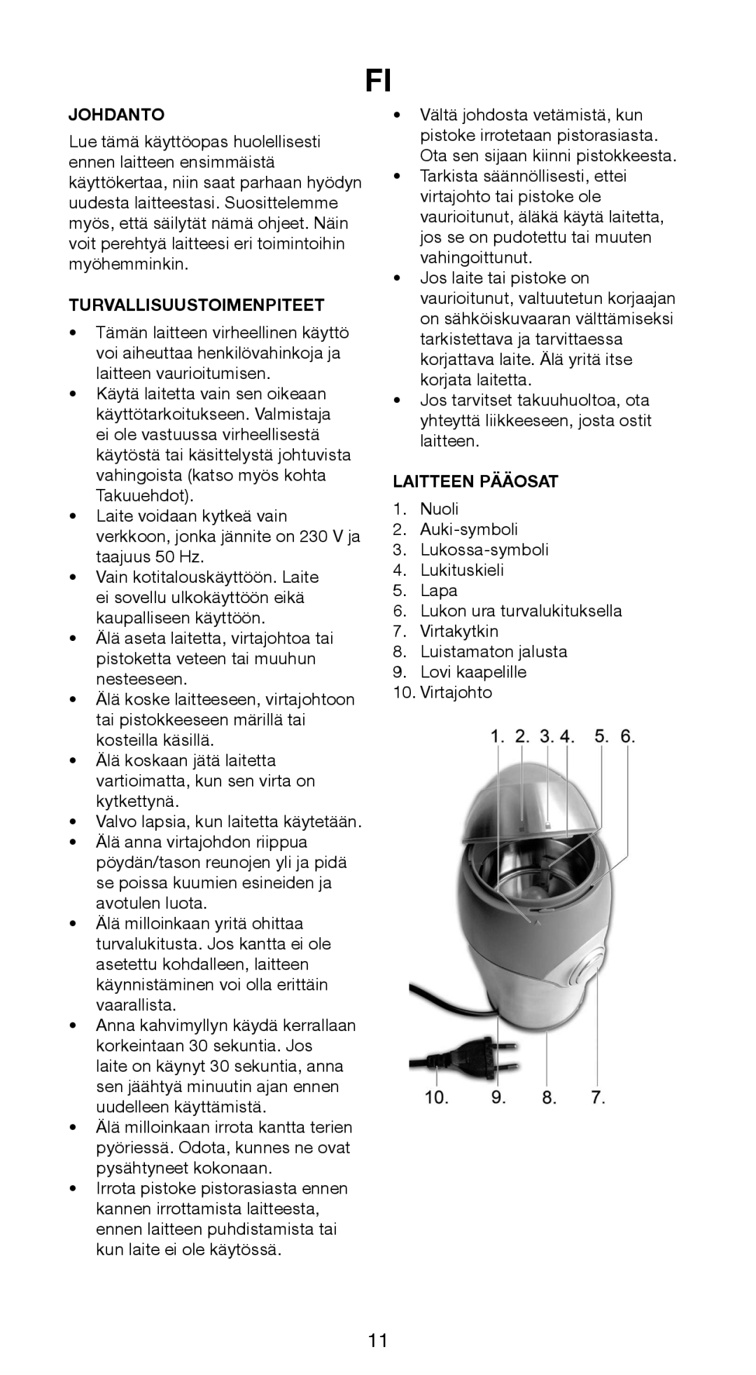 Butler 645-141 manual Johdanto, Turvallisuustoimenpiteet, Laitteen Pääosat 