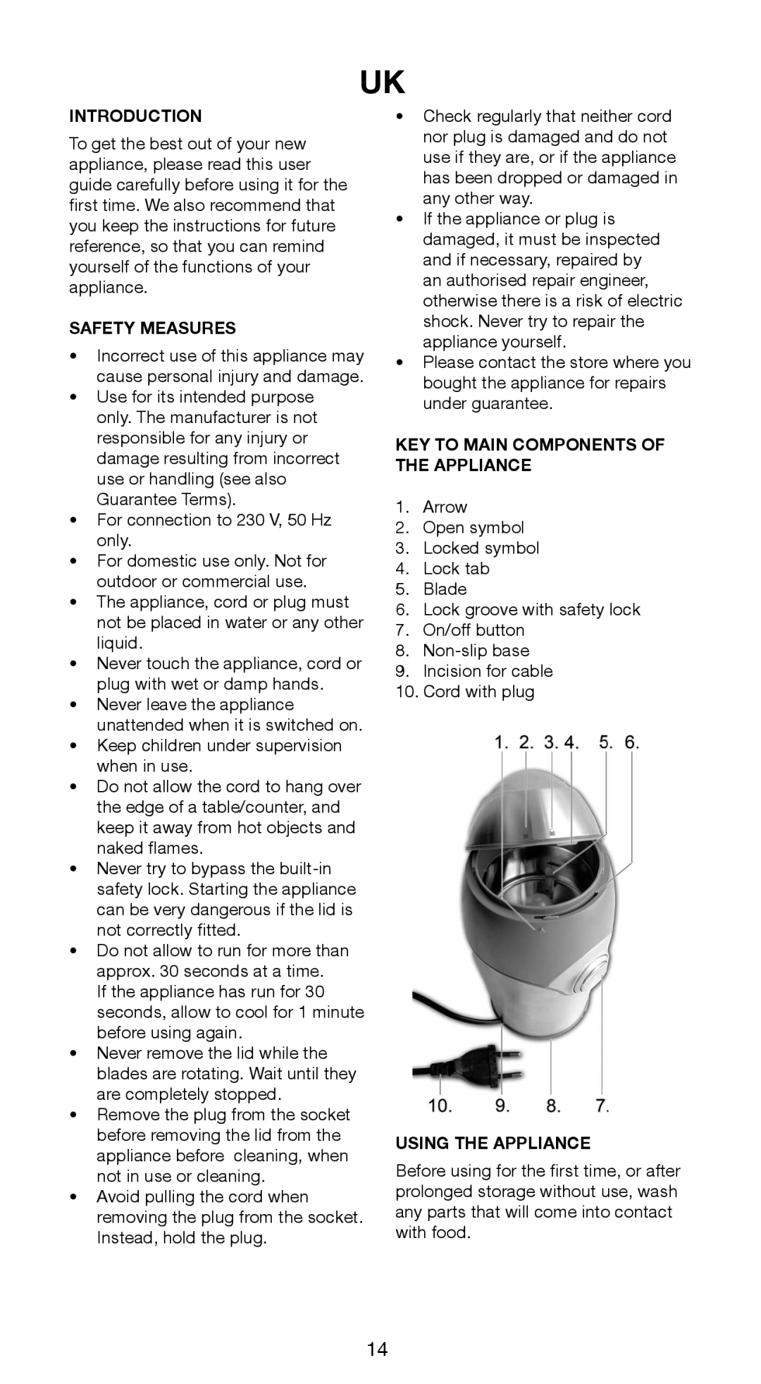 Butler 645-141 manual Introduction, Safety Measures, Key To Main Components Of The Appliance, Using The Appliance 