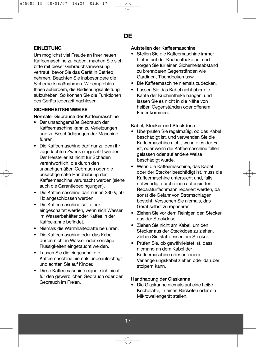 Butler 645-260 manual Einleitung, Sicherheitshinweise, Normaler Gebrauch der Kaffeemaschine 