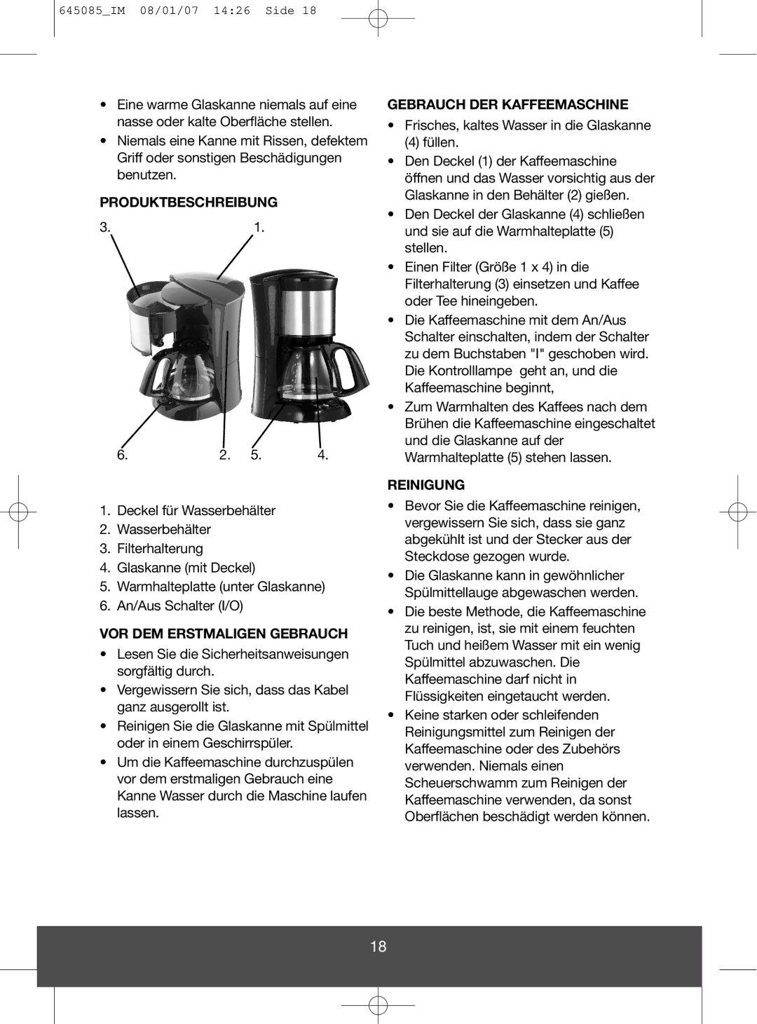 Butler 645-260 manual Produktbeschreibung, VOR DEM Erstmaligen Gebrauch, Gebrauch DER Kaffeemaschine, Reinigung 