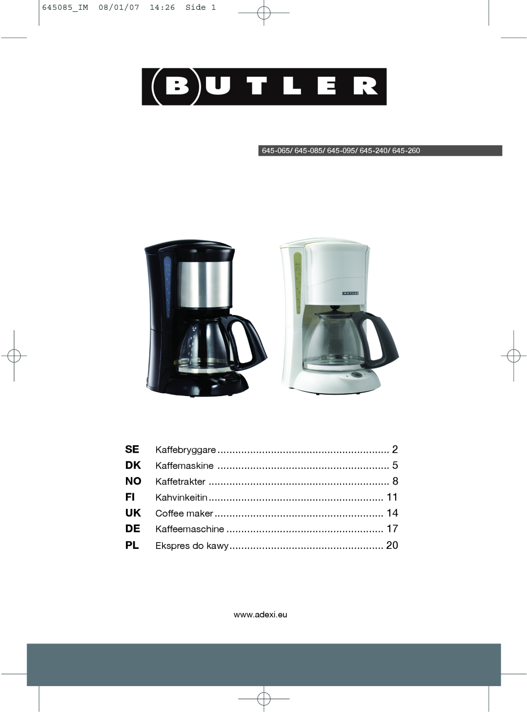 Butler 645-260 manual Kaffebryggare, Kaffemaskine, Kaffetrakter, Kahvinkeitin, Coffee maker, Kaffeemaschine 