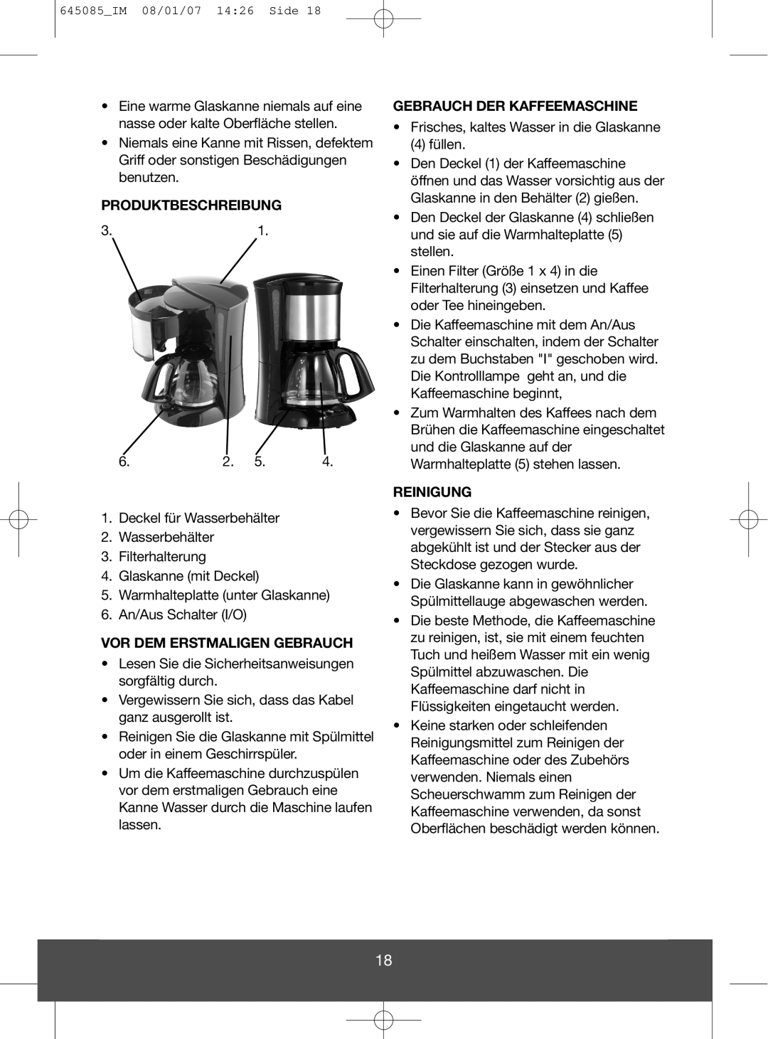 Butler 645-260 manual Produktbeschreibung, Vor Dem Erstmaligen Gebrauch, Gebrauch Der Kaffeemaschine, Reinigung 