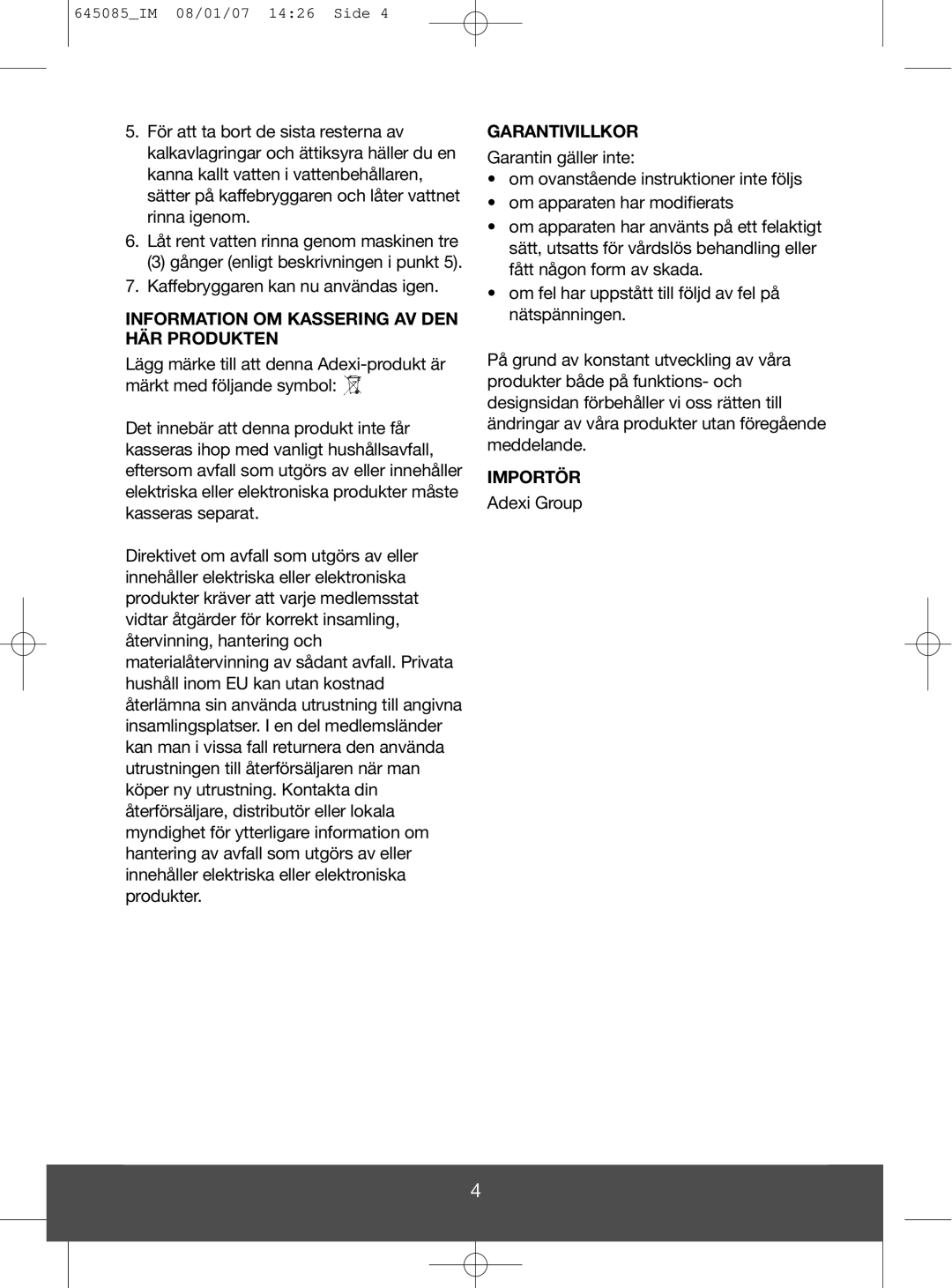 Butler 645-260 manual Information Om Kassering Av Den Här Produkten, Garantivillkor, Importör 