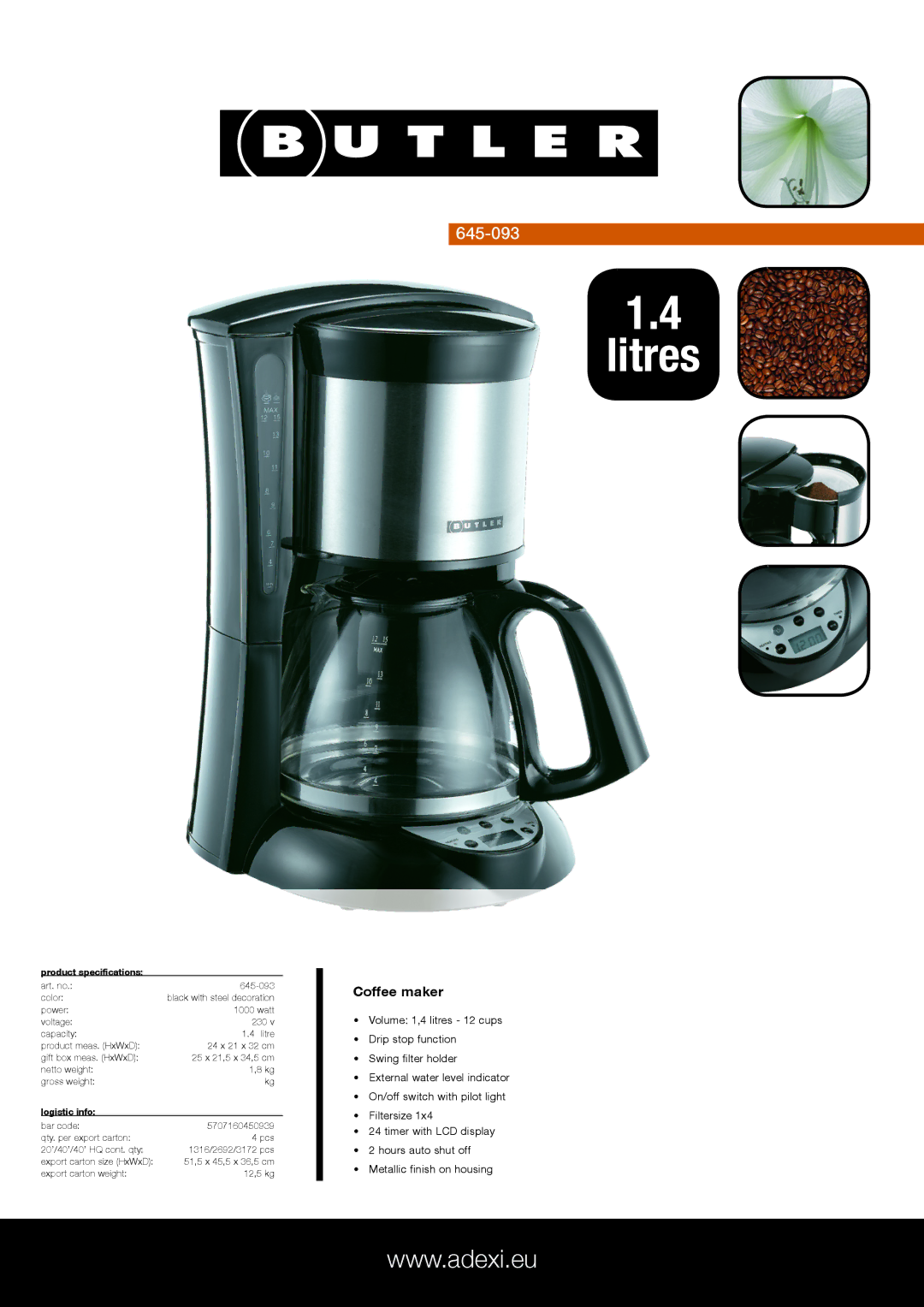 Butler 645093 specifications Litres, Coffee maker, Product specifications, Logistic info 