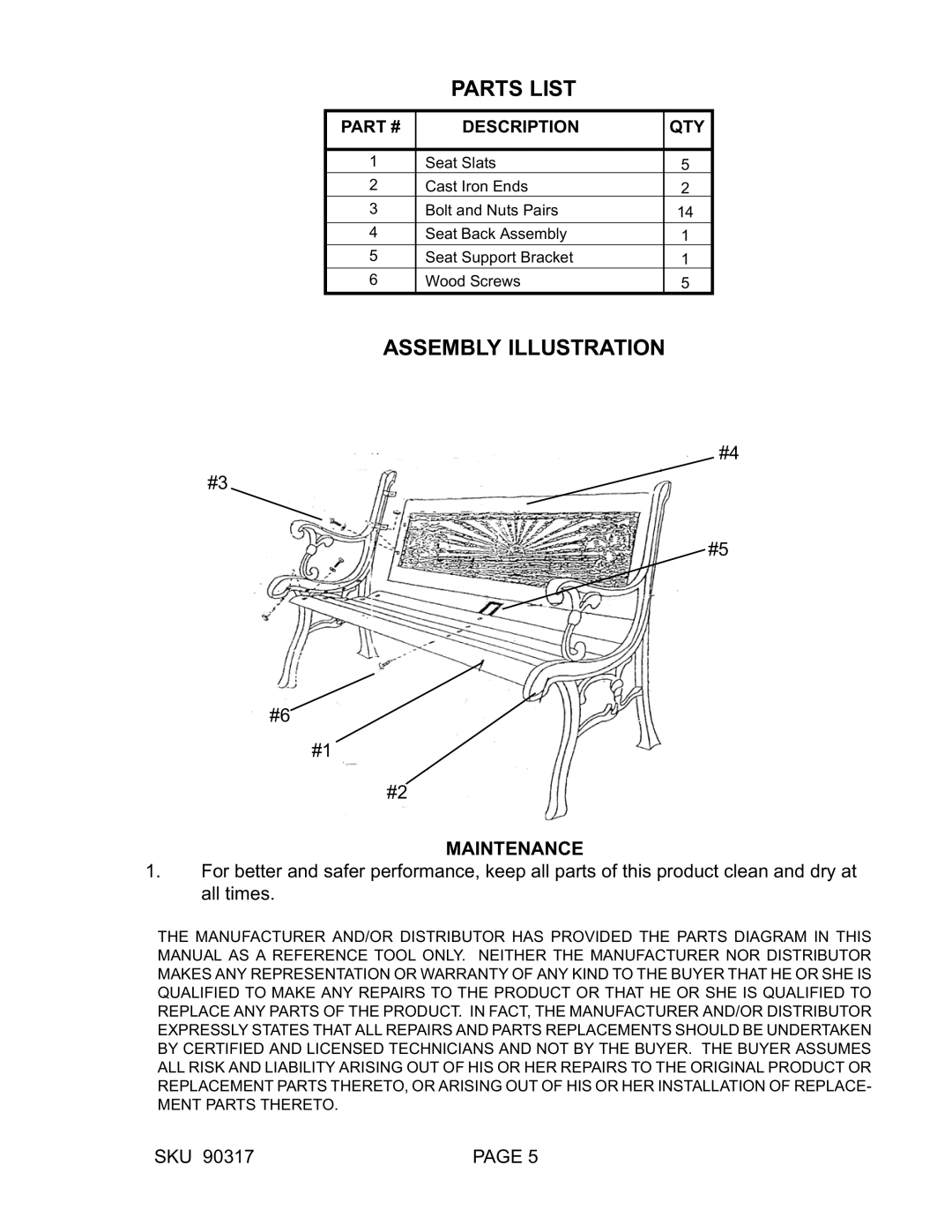 Butler 90317 manual Parts List, Maintenance 