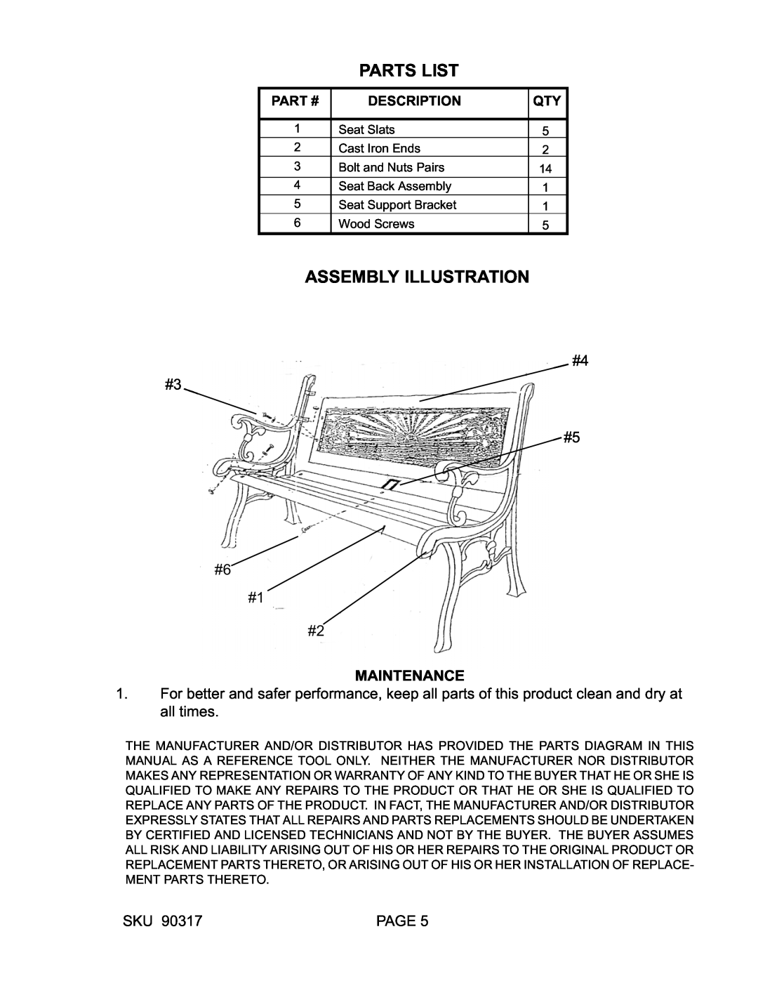 Butler 90317 manual #4 #3 #5 #6 #1 #2 MAINTENANCE, Part #, Description, Parts List, Assembly Illustration, Page 