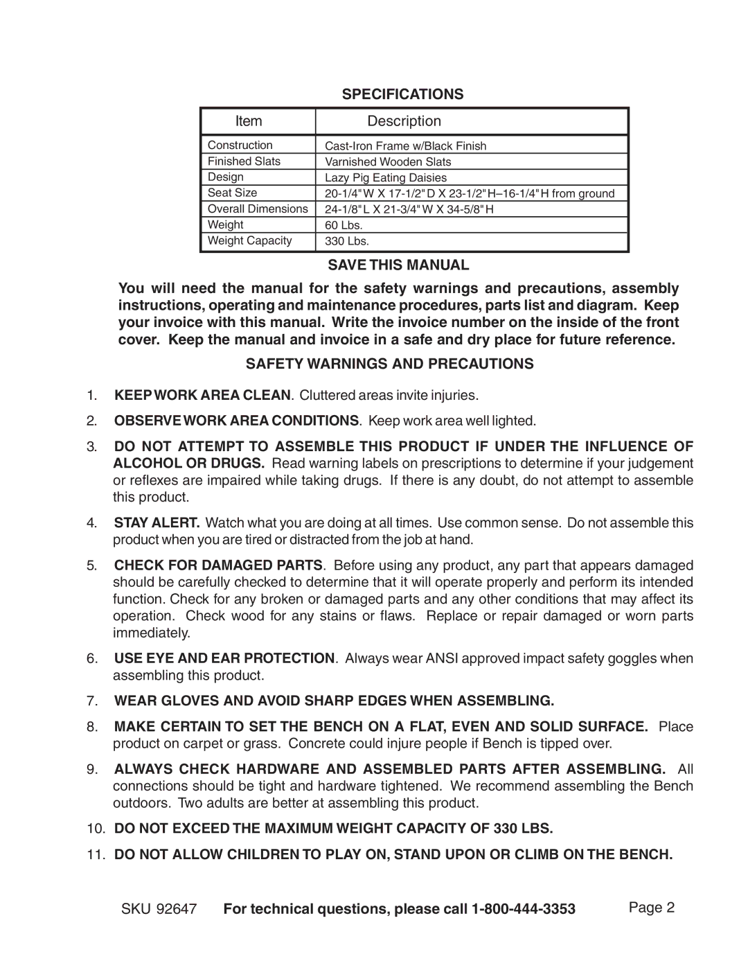 Butler 92647 manual Specifications, Save this Manual, Safety Warnings and Precautions 