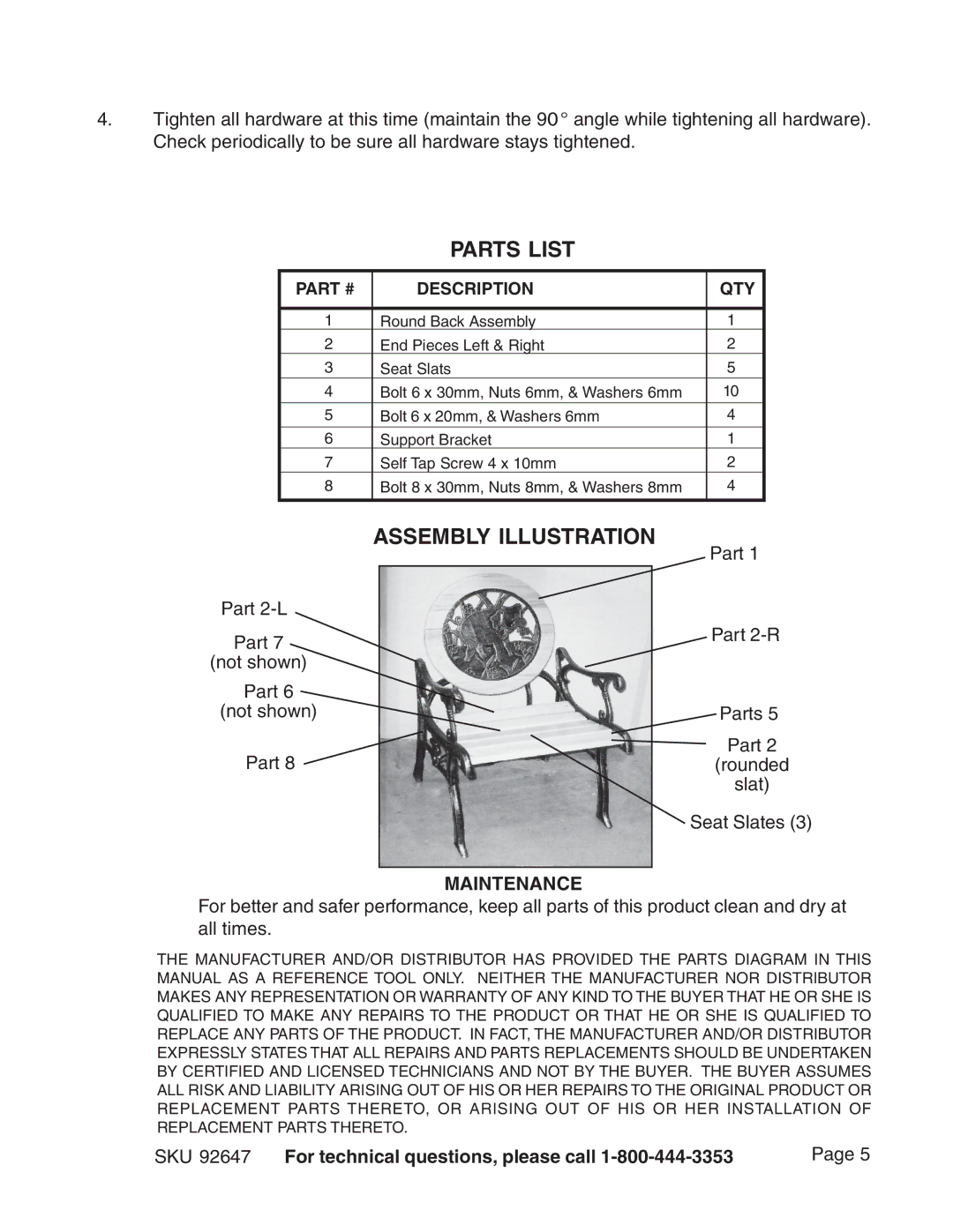 Butler 92647 manual Maintenance, Description QTY 