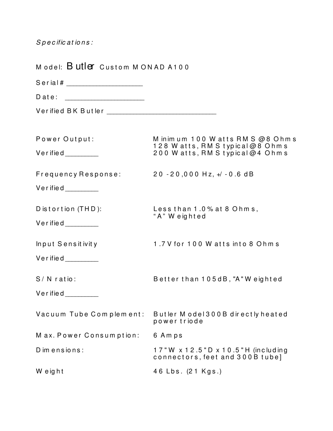 Butler Audio MONAD A100 manual Specifications 