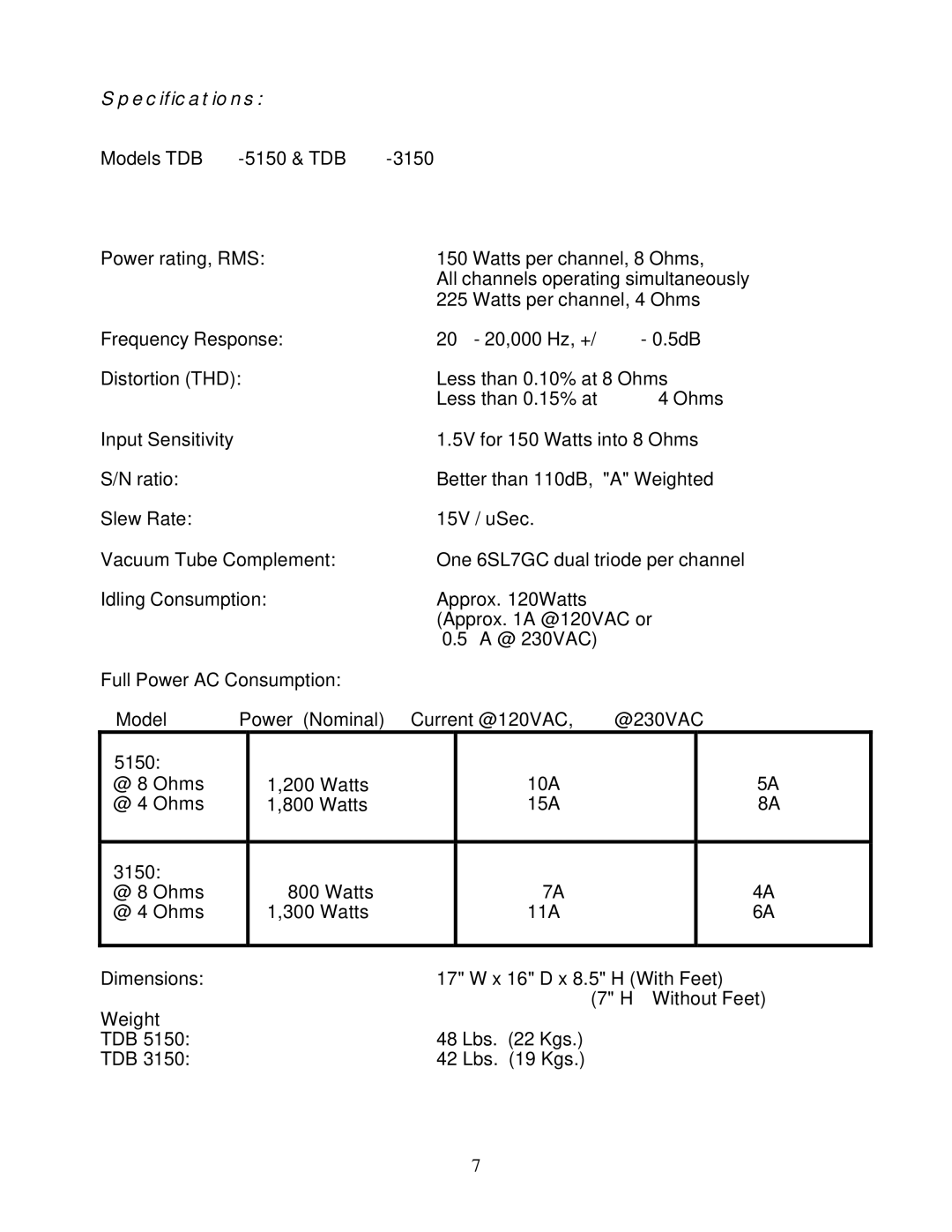 Butler Audio TDB 3150 manual Specifications 