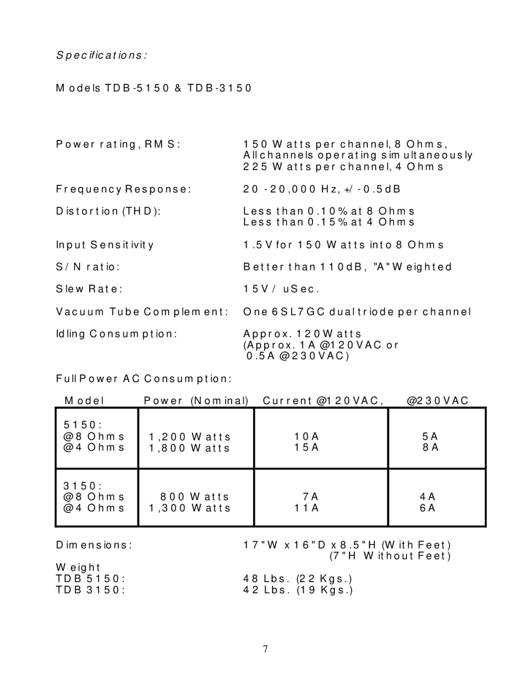 Butler Audio TDB 5150 manual Specifications 