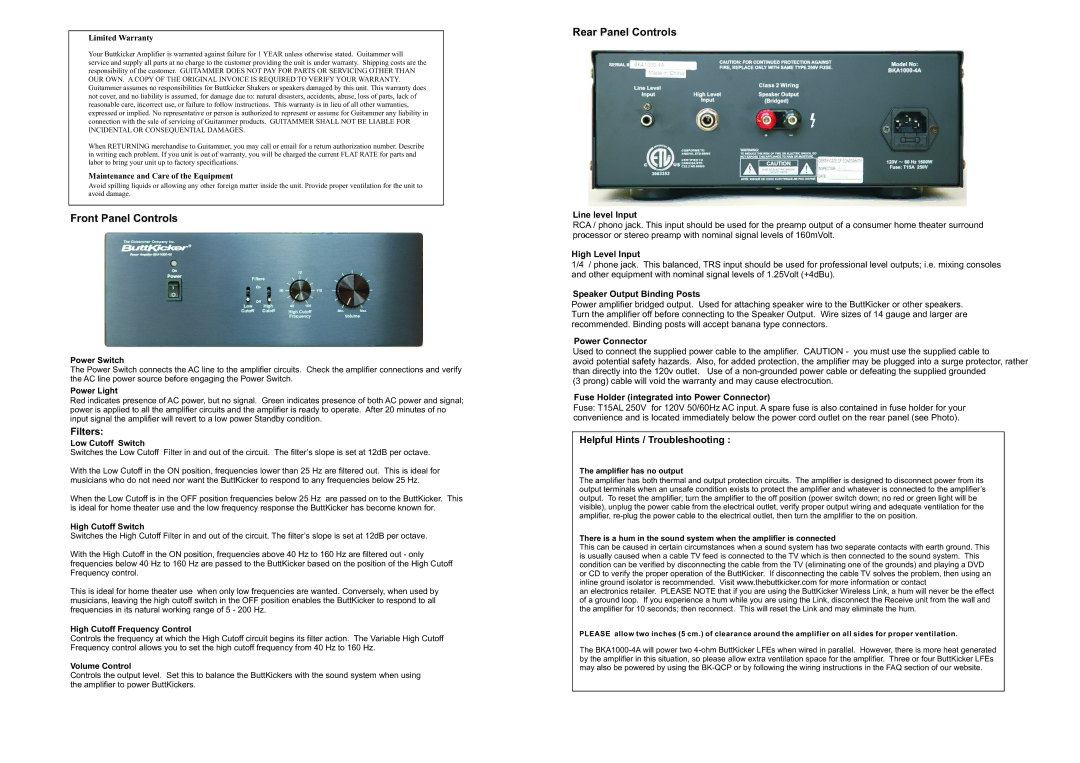 ButtKicker BKA1000-4A specifications Helpful Hints / Troubleshooting 