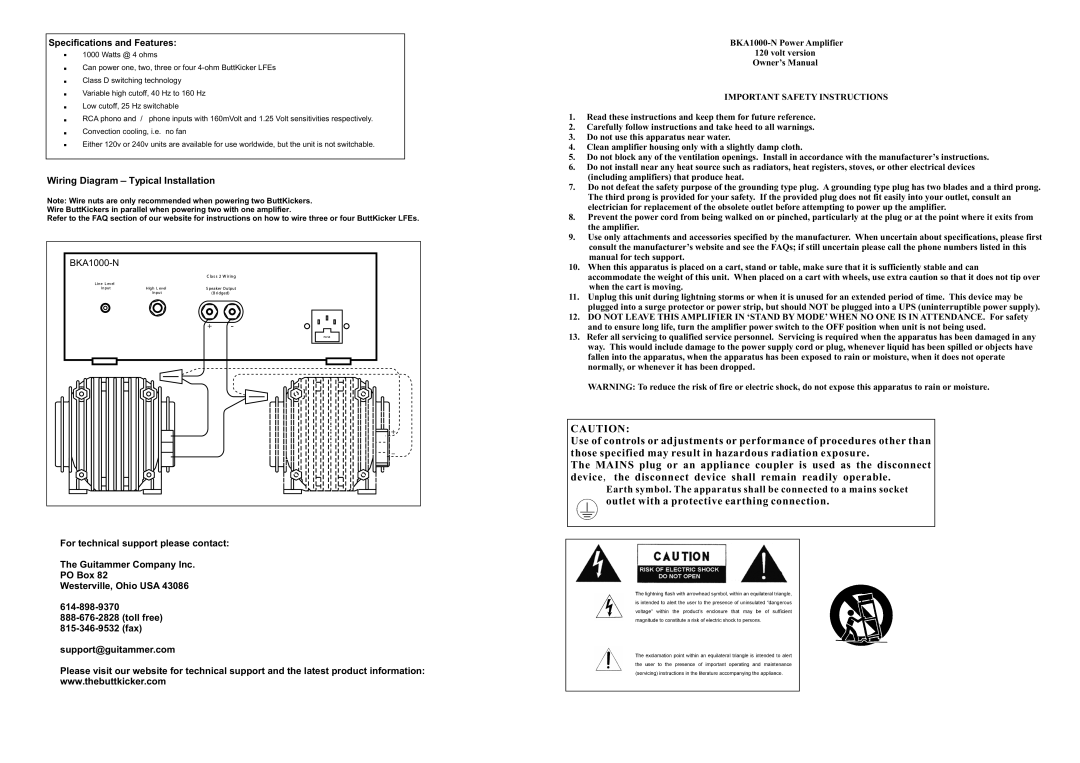 ButtKicker BKA1000-N specifications Specifications and Features, Wiring Diagram Typical Installation 