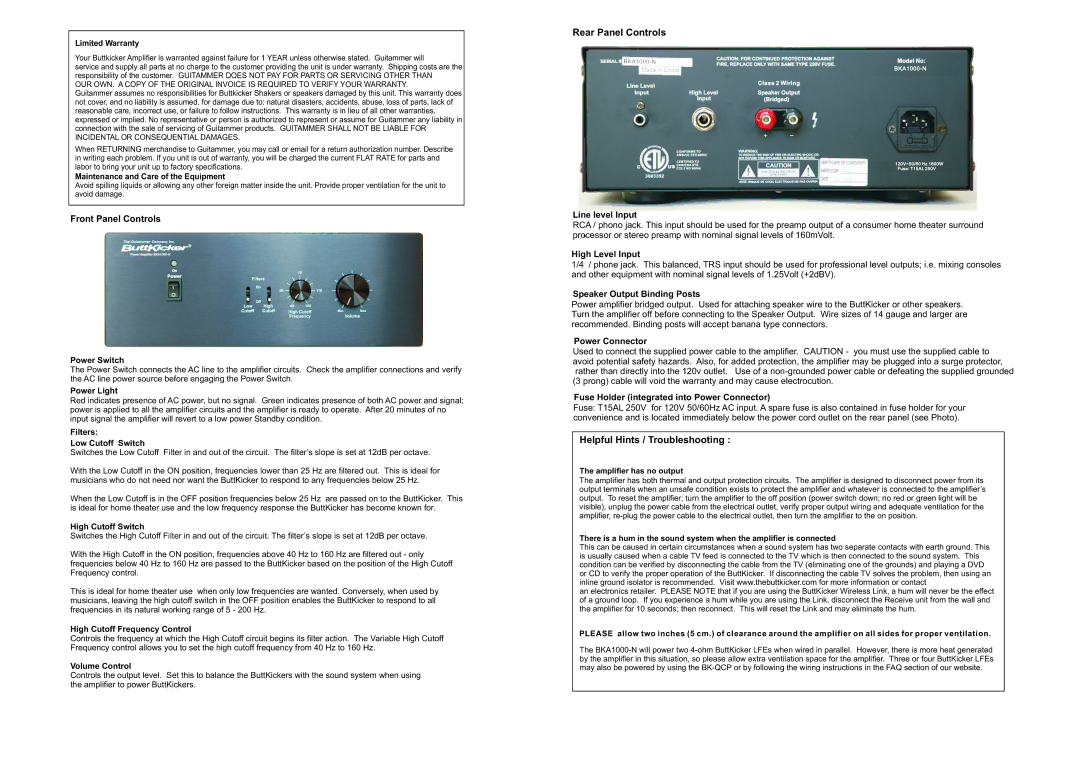 ButtKicker BKA1000-N specifications Rear Panel Controls, Helpful Hints / Troubleshooting 