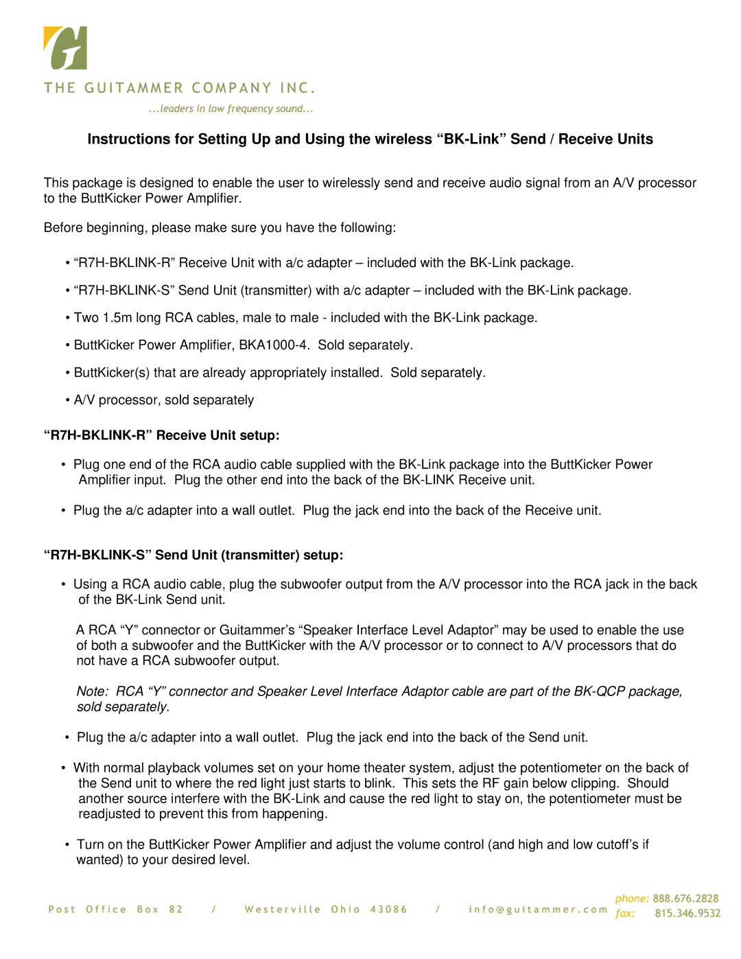 ButtKicker manual R7H-BKLINK-R Receive Unit setup, R7H-BKLINK-S Send Unit transmitter setup 