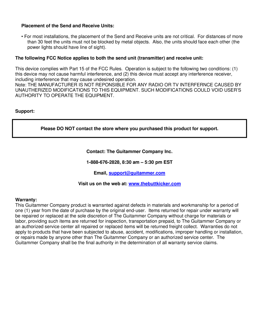 ButtKicker R7H-BKLINK-S, R7H-BKLINK-R manual Placement of the Send and Receive Units, Email, support@guitammer.com, Warranty 