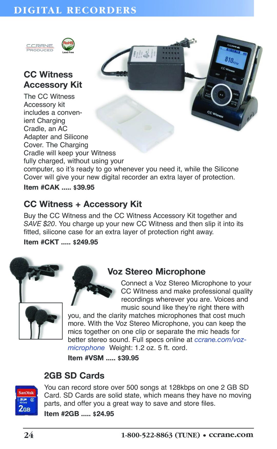 C. Crane 19f manual DI GIT AL REC or DE RS, CC Witness Accessory Kit, CC Witness + Accessory Kit, Voz Stereo Microphone 