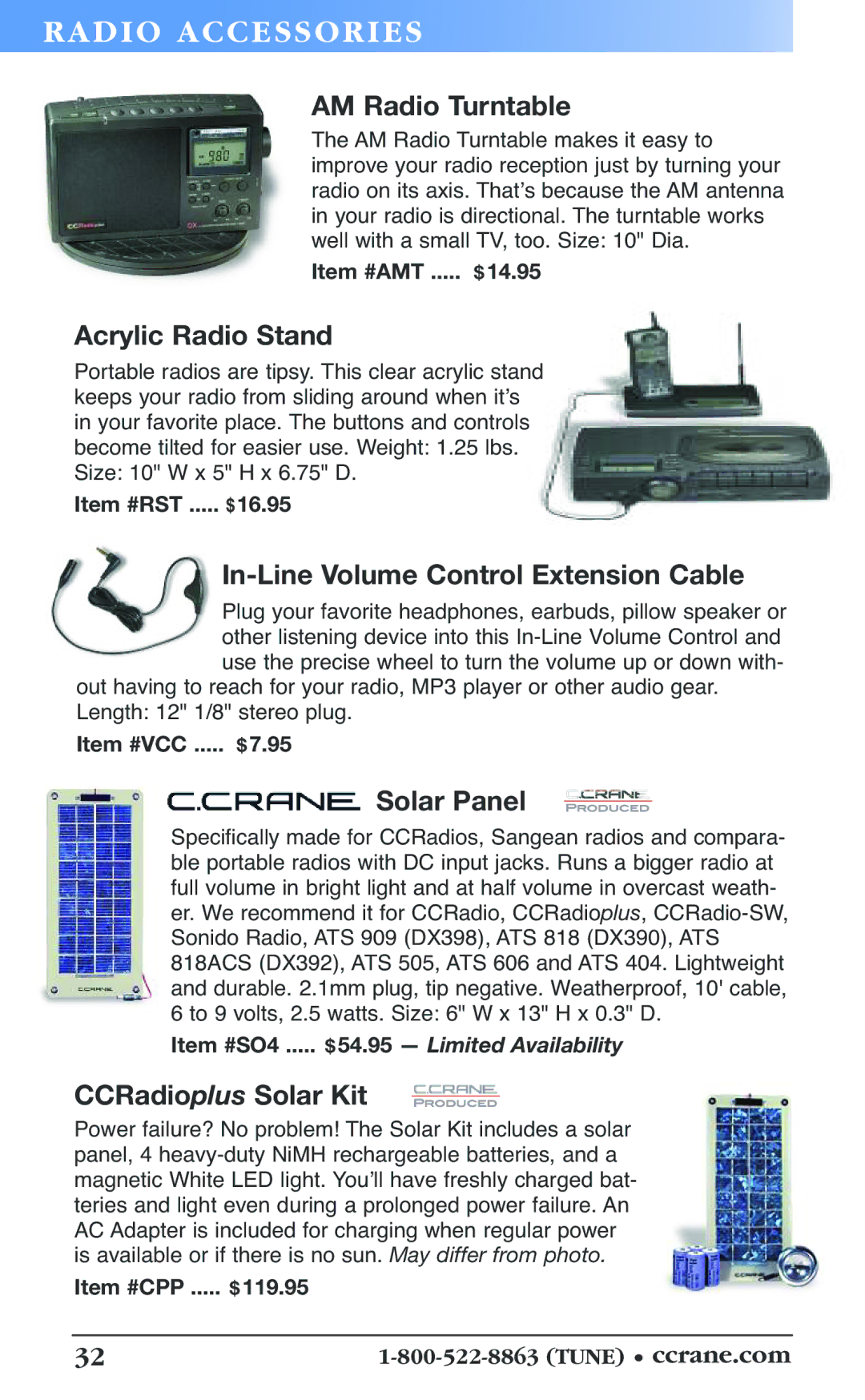 C. Crane 19f manual Acrylic Radio Stand, In-Line Volume Control Extension Cable, Solar Panel 