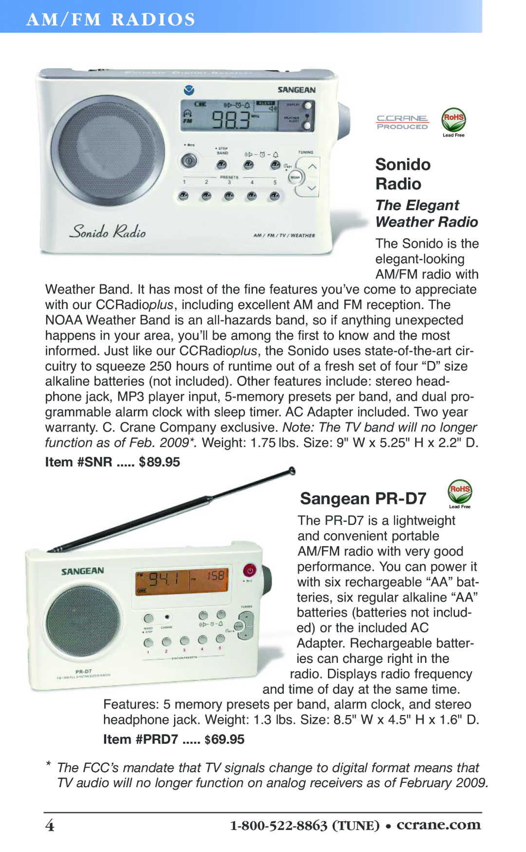 C. Crane 19f manual AM/F M Radi OS, Sonido Radio, Sangean PR-D7, Item #SNR ..... $89.95, Item #PRD7 ..... $69.95 