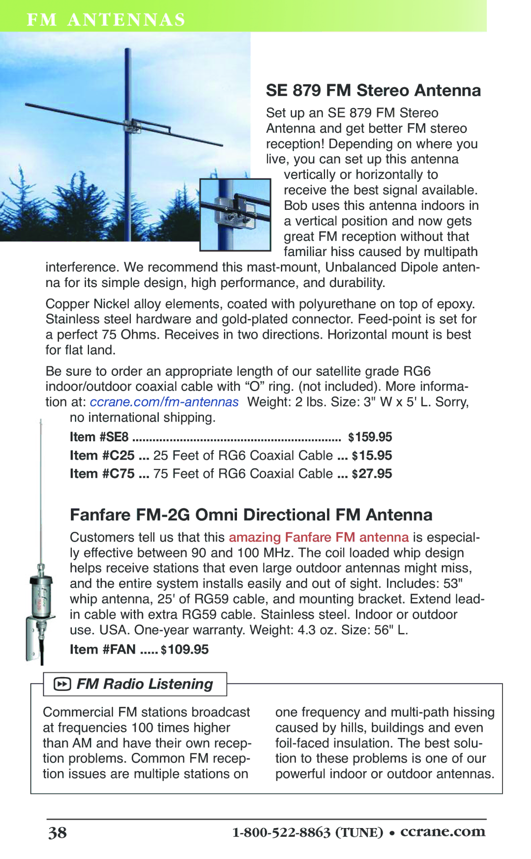 C. Crane 19f manual FM AN Tennas, SE 879 FM Stereo Antenna, Fanfare FM-2G Omni Directional FM Antenna 