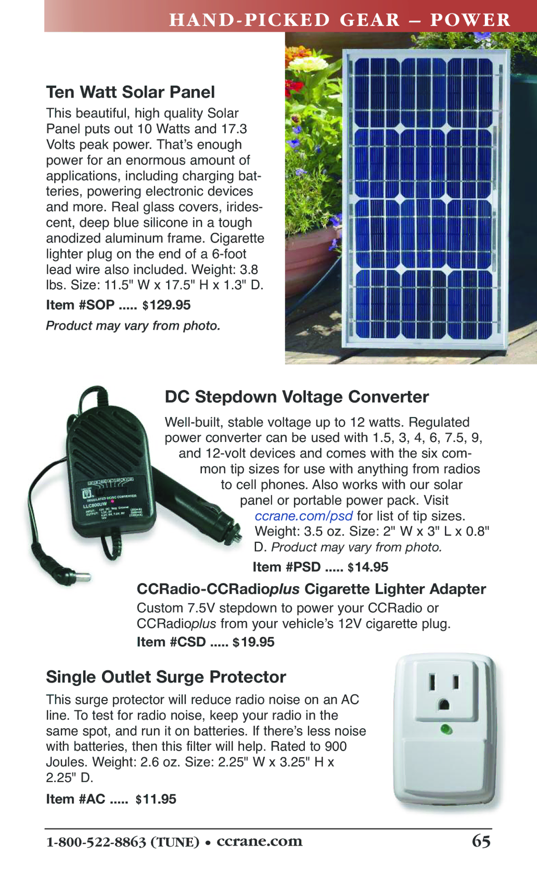 C. Crane 19f manual DC Stepdown Voltage Converter, Single Outlet Surge Protector 