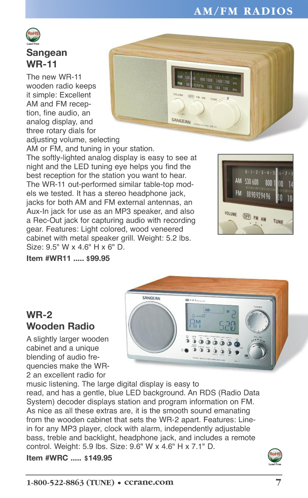 C. Crane 19f manual Am/ Fm Rad Io S, Sangean WR-11, WR-2 Wooden Radio, Item #WR11 ..... $99.95, Item #WRC ..... $149.95 