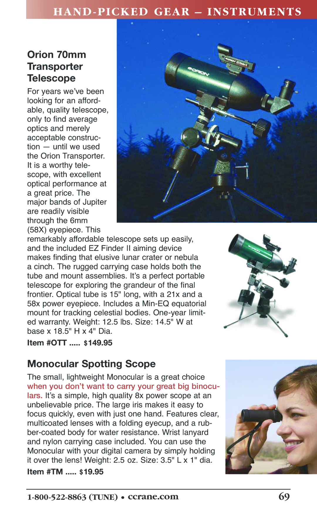 C. Crane 19f manual HAN D- PI Cked Gear Inst RU Ment S, Orion 70mm Transporter Telescope, Monocular Spotting Scope, $149.95 