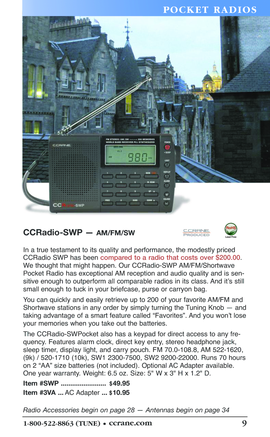 C. Crane 19f manual PO Cket RA DI OS, CCRadio-SWP AM/FM/SW, $10.95, $49.95 