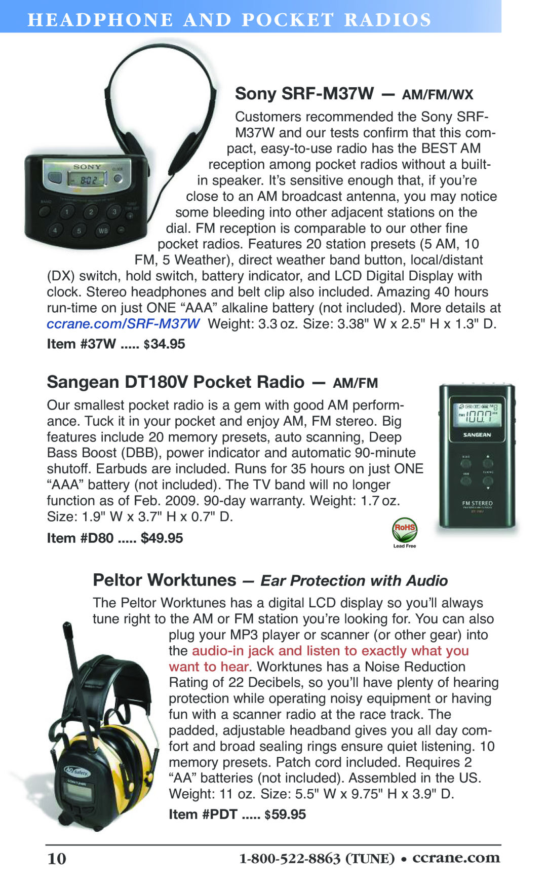 C. Crane 19f manual He Ad Phone An D Pocket Rad Ios, Sony SRF-M37W, Sangean DT180V Pocket Radio, Item #37W ..... $34.95 