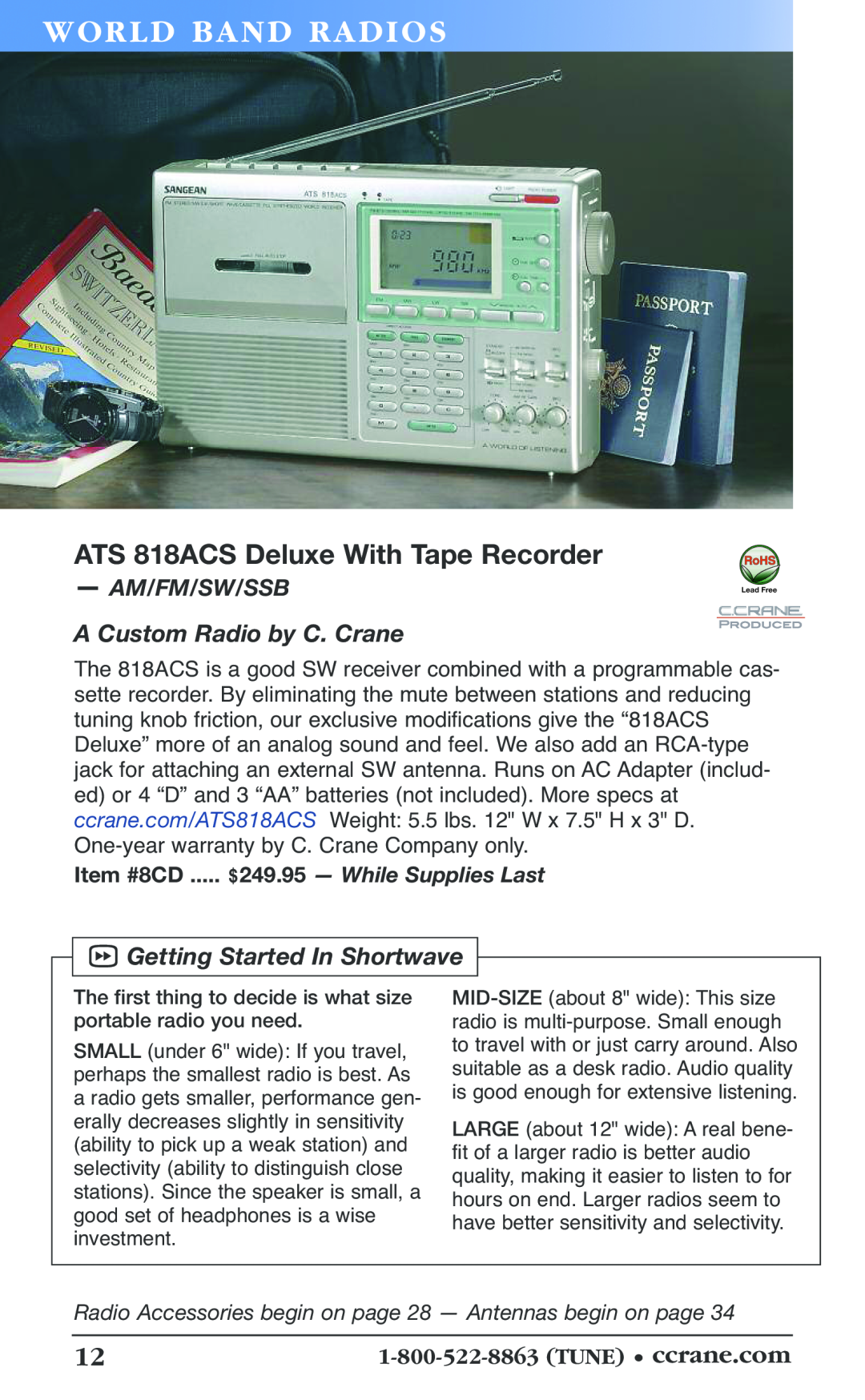 C. Crane 19f Wor Ld Band Radi Os, ATS 818ACS Deluxe With Tape Recorder, A Custom Radio by C. Crane, Am/Fm/Sw/Ssb, Large 