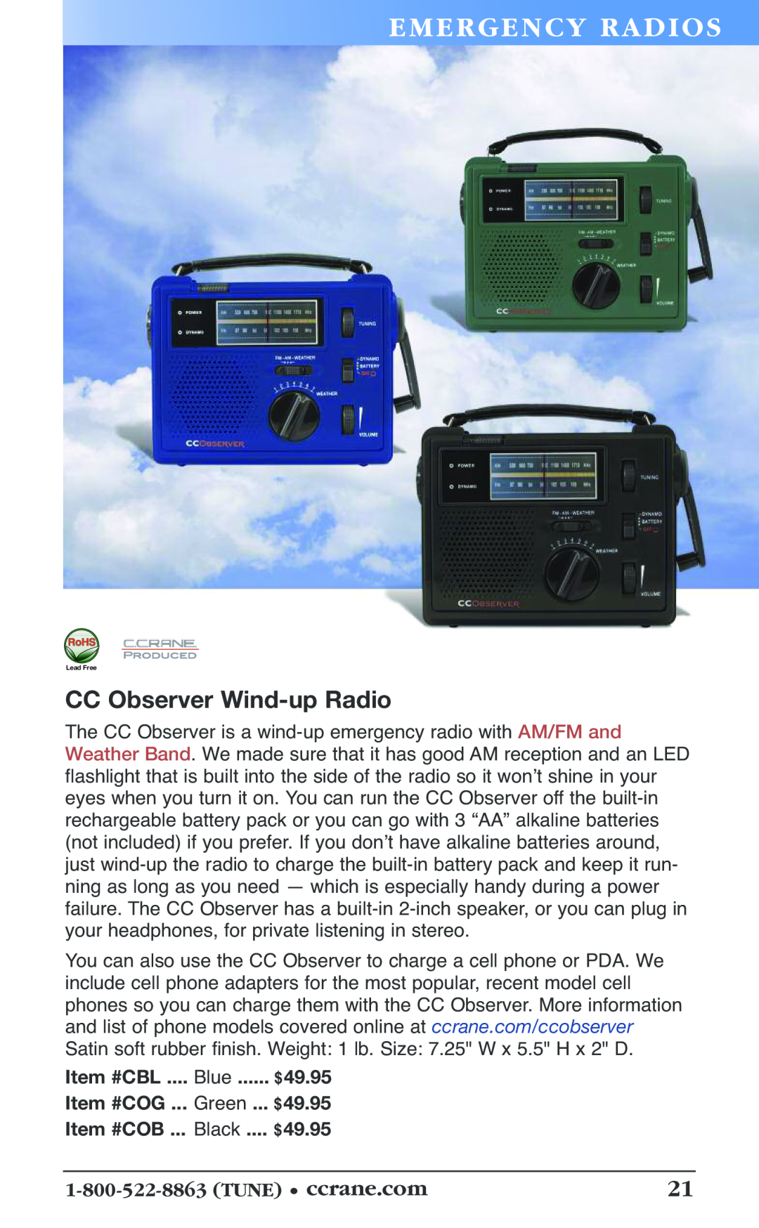 C. Crane 19f Emerg En Cy Radi Os, CC Observer Wind-upRadio, Item #CBL .... Green...... $49.95, Item #COB ... .... $49.95 
