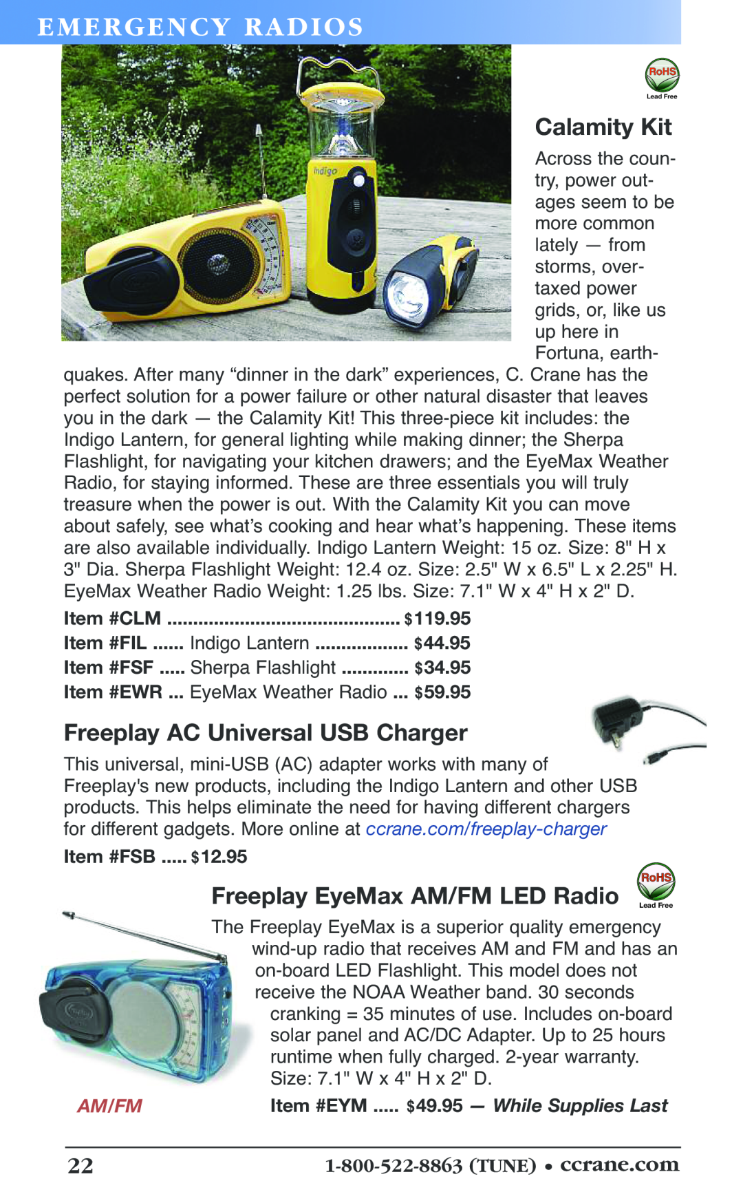 C. Crane 19f Em Erg Enc Y Radios, Calamity Kit, Freeplay AC Universal USB Charger, Freeplay EyeMax AM/FM LED Radio, $44.95 