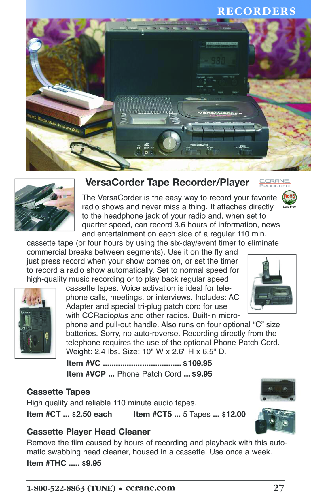 C. Crane 19f Rec Or De Rs, VersaCorder Tape Recorder/Player, Cassette Tapes, Item #VCP ... Phone Patch Cord ... $, $9.95 