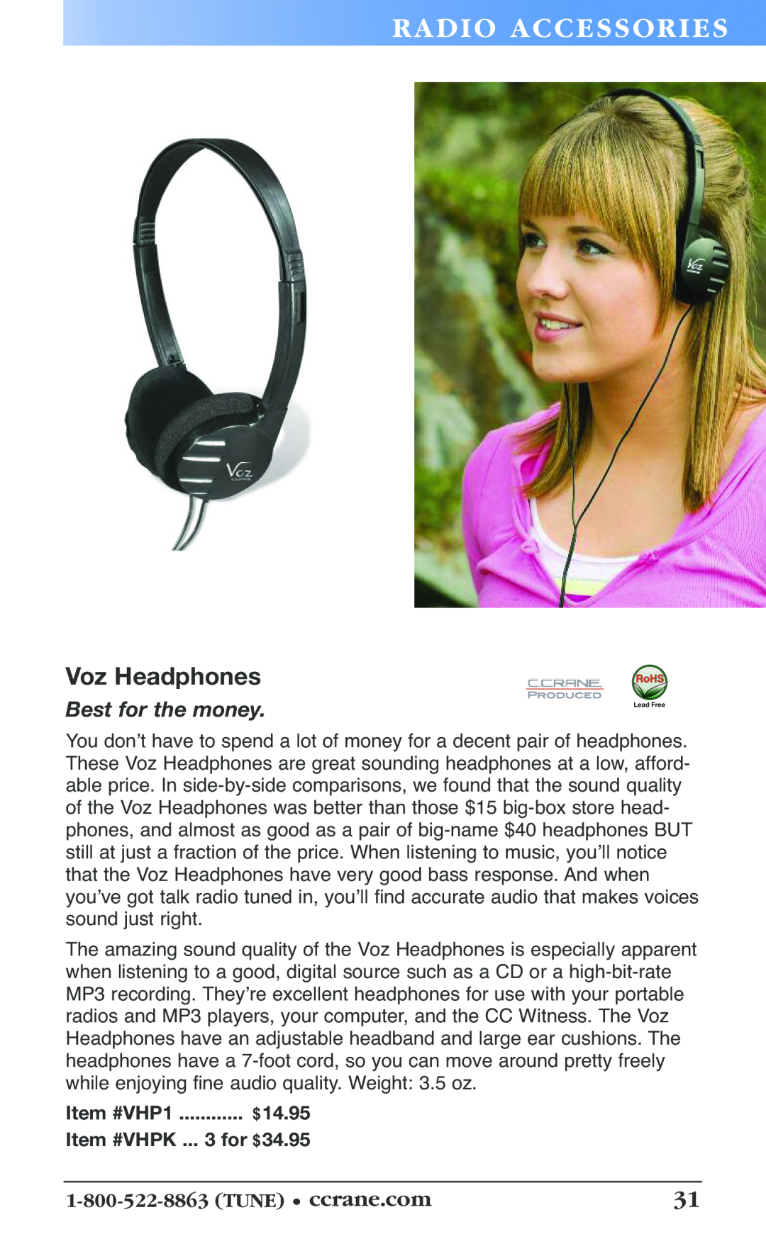 C. Crane 19f manual Voz Headphones, Best for the money, Ra Dio Ac Ce Ss Or Ies, Item #VHP1 ............ $14.95 