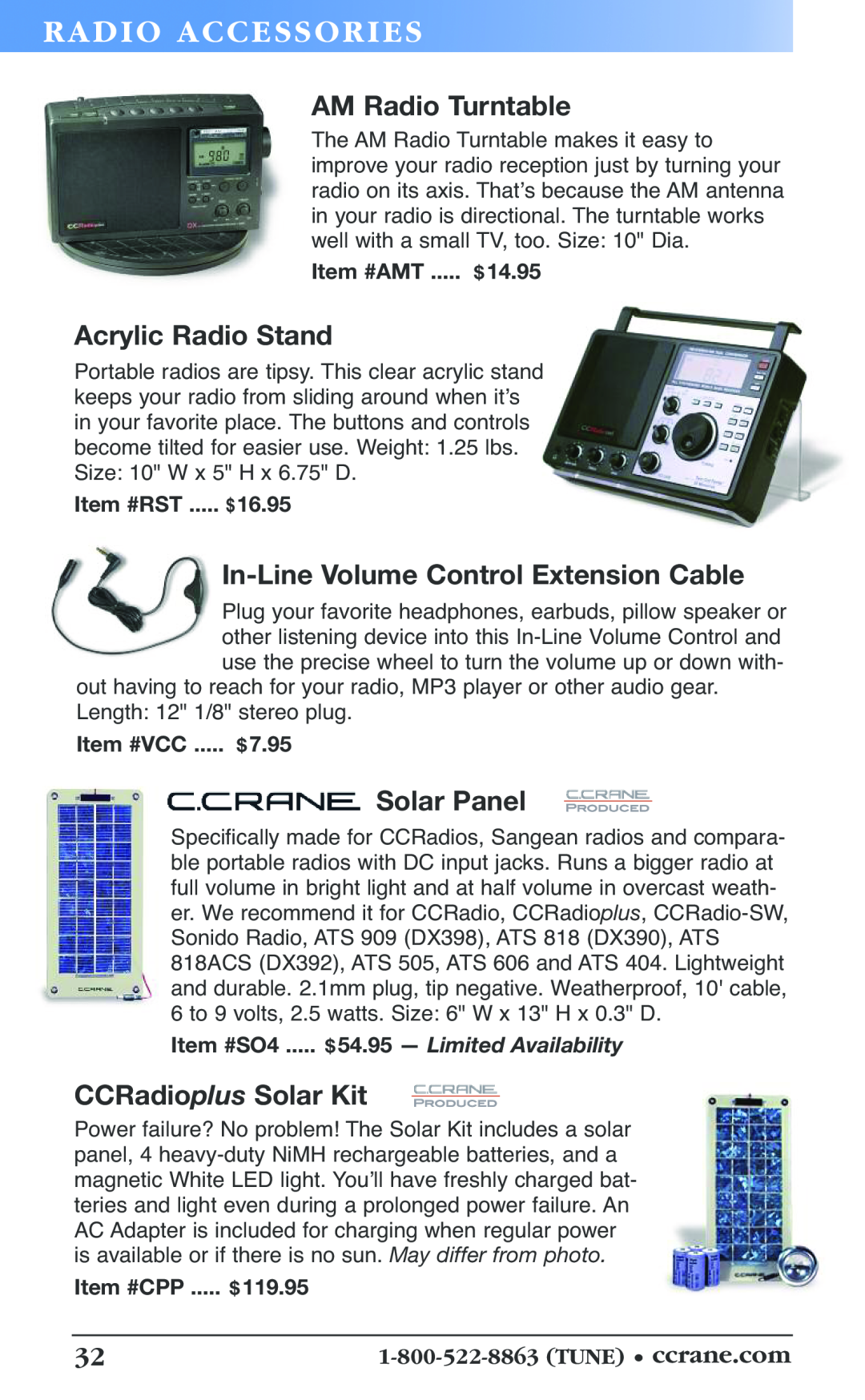 C. Crane 19f manual Acrylic Radio Stand, In-LineVolume Control Extension Cable, Solar Panel, Ra Dio Accessori Es 