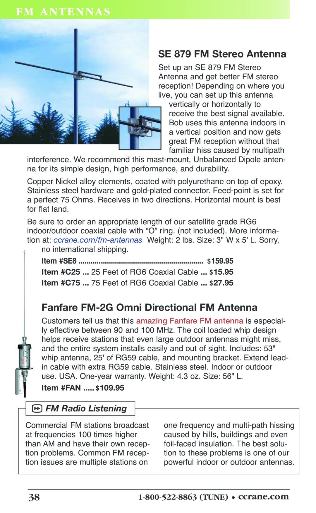 C. Crane 19f manual Fm An Tennas, SE 879 FM Stereo Antenna, Fanfare FM-2GOmni Directional FM Antenna, $15.95, Item #SE8 