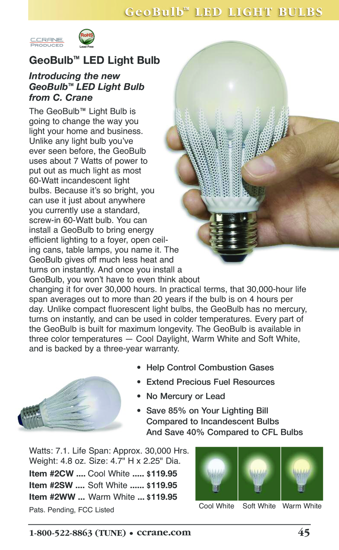 C. Crane 19f manual Ge oBullb LED LI GHT BULBBS, Introducing the new GeoBulb LED Light Bulb, from C. Crane 