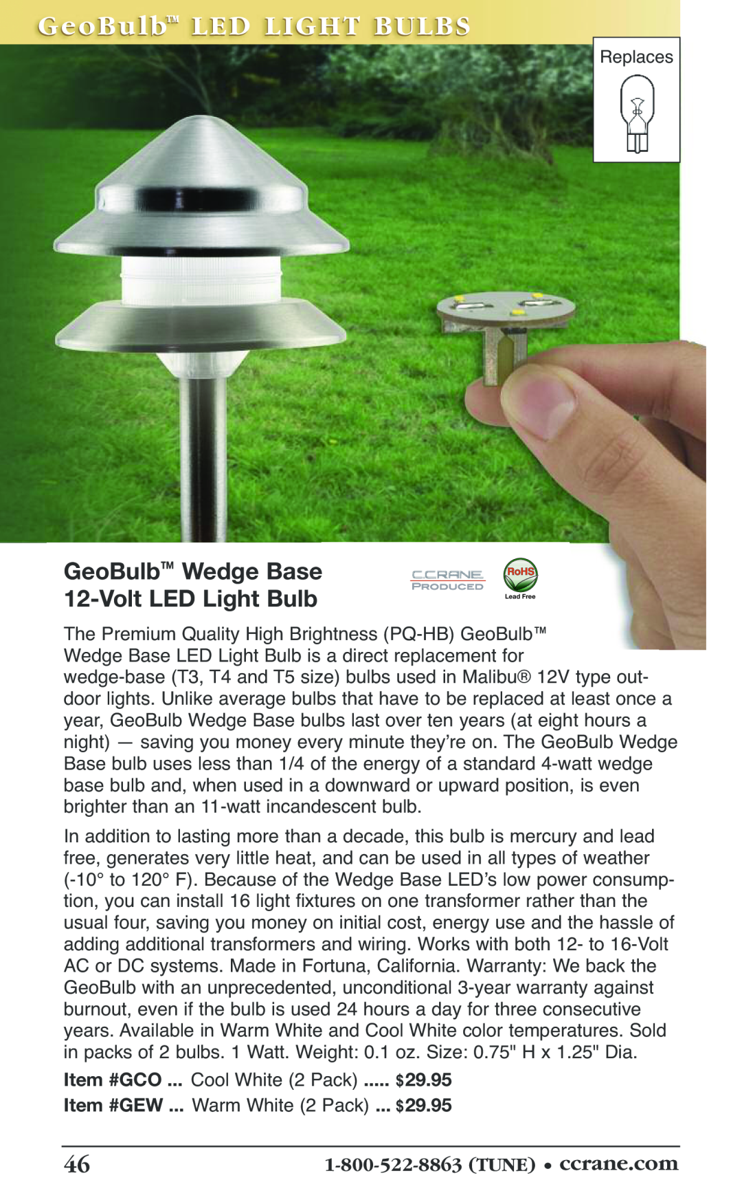C. Crane 19f manual GeoBulb Wedge Base, VoltLED Light Bulb, GeoBoB ul b LED LIGHTT BULBSS, 1-800-522-8863TUNE • ccrane.com 
