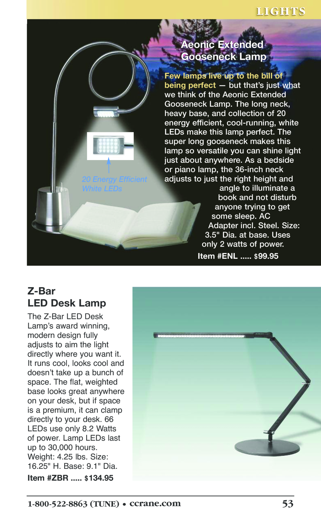 C. Crane 19f manual Lights, Z-Bar LED Desk Lamp, Aeonic Extended Gooseneck Lamp, Item #ZBR, $134.95, $99.95 
